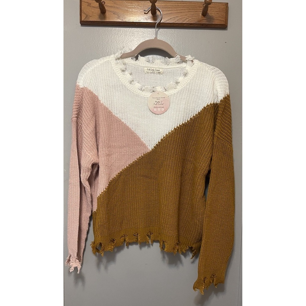 Full Circle Trends Color Block Knit Sweater Women's Size Xl Pink White Gold NWT